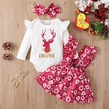 0-18 Ay Bebek Kız Noel Kostüm Seti Romper + Askı Etek + Şapkalar 3 Adet Set Prenses Etek Toddler Kız Yeni Yıl Giyim
