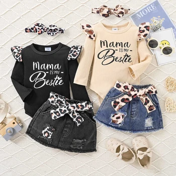 0-18M Bebek Bebek Kız Giysileri Setleri Mektup Baskı Nervürlü Romper ve Yırtık Kot Etek Sevimli Kafa Bandı Moda Bahar Güz Kıyafetler