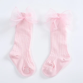 0-3T Bebek Kız Buzağı Çorap Streç Yay Yumuşak Hafif Bebek Dantel Büyük Yay Çorap Diz Boyu Çorap Çorap