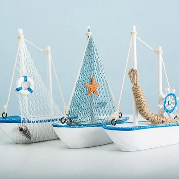 1 adet Mini Akdeniz Tarzı Deniz Denizcilik Ahşap Mavi Yelkenli Tekne Gemi Ahşap El Sanatları Süsler Parti Odası Ev Dekorasyon