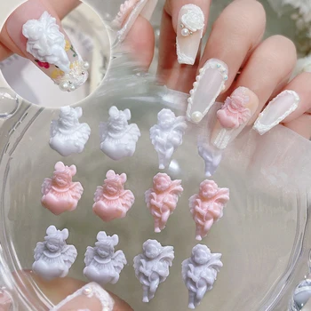 10 adet Barok Kalp Melek Nail Art Charm 3D Sevimli Reçine Beyaz Pembe Kabartma Melek Bebek Tırnak Dekorasyon DIY Kawaii Tırnak Aksesuarları