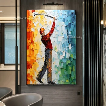 100 % El Yapımı Golf Oyuncu Bıçak Boyama Duvar sanat dekoru Tuval Boyama Golf Kulüpleri Egzersiz Spor Salonu Odası Ev Dekorasyon
