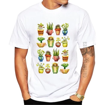 100 % Pamuk Succulents Hepsi Bir Satır Tasarım Erkekler T-Shirt O Boyun Yeşil Bitkiler Baskılı Grafik Tshirt Casual Tops Yaz Tees