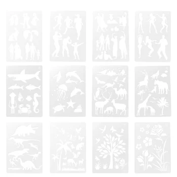 12 adet Boyama Şablonu Çizim Şablonlar DIY Hayvan Figürü Bitki Boyama Şablonlar Çocuklar Çocuklar için (Beyaz)