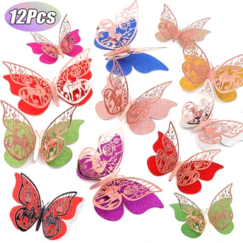 12 Adet Karışık Renk Kelebek 3D Duvar Sticker Düğün Dekorasyon için Çift Katmanlı Güzel Kelebekler Duvar Çıkartması Ev Odası Dekor