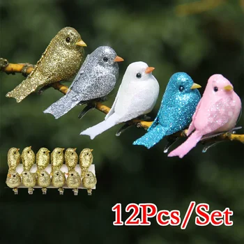 12 Adet / takım Yapay Simülasyon Köpük Kuş Seti Mini Sevimli Kuşlar Süs Glitter Zanaat Ev Bahçe Yılbaşı Ağacı Süsleme