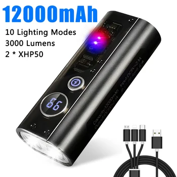 12000mah Güç Banka El Feneri 3000 Lümen Çift Çekirdekli XHP50 Süper Parlak Meşale USB şarj edilebilir çalışma lambası Su Geçirmez Projektör