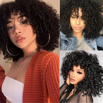 15 İnç Afro Kinky Kıvırcık kahküllü peruk Doğal Sentetik Kısa Bob Kıvırcık Peruk Siyah Kadınlar için Cosplay Peruk İsıya Dayanıklı Saç