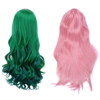 2 Adet düz Cosplay peruk renkli ısı tam esnek peruk - 80 Cm uzun pembe ve 68 cm uzun koyu yeşil