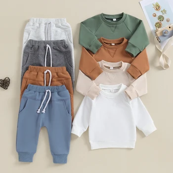 2 Adet Erkek Bebek Sonbahar Kıyafetler Uzun Kollu Düz Renk Kazak Düz Renk Cep pantolon seti Yürümeye Başlayan günlük kıyafetler