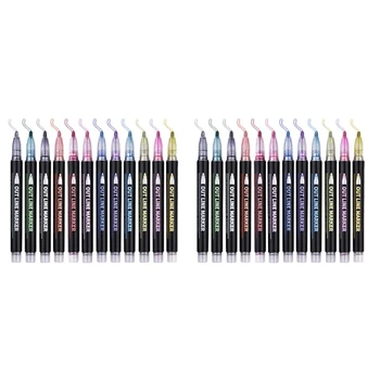2 Takım Çift Hat Anahat Kalemler 12 Renk Anahat Metalik İşaretleyiciler Glitter Anahat Kalemler Yazma Çizim Kalemler DIY