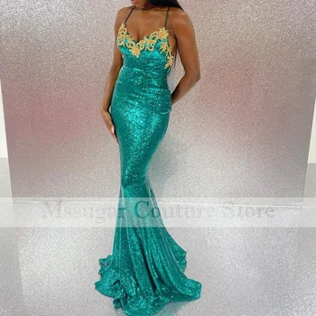2021 Spagetti Sapanlar Mermaid balo kıyafetleri Altın Aplikler Pullu kutlama elbiseleri Kadınlar için Custom Made Vestidos De Novia