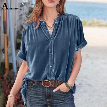 2023 Kadın Son Rahat Retro Gömlek Vintage Katı Bluz Kısa Kollu Kadife Üstleri Bayan Zarif Tunik blusas Femme Giyim