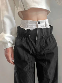 2023 Streetwear Yüksek Bel Düz pantolon Kadın Harajuku Hip Hop Patchwork Geniş Bacak Kargo Pantolon Moda Rahat Sweatpants