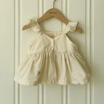 2023 Yeni Bebek Kız Çiçek Nakış askı elbise Yaz Kızlar Kolsuz Prenses Elbise Pamuk Bebek kemerli elbise Çocuk Giysileri