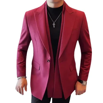 2023 Yeni Erkek Çift Yaka Takım Elbise Ceket Siyah / Kırmızı Moda erkek İş Düğün Balo Parti Smokin Blazers Slim Fit Mont