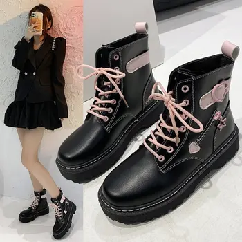 2023 Yeni Sonbahar Kış Yeni Kadın Sevimli Pembe Aşk Yüksek top Lolita Çizmeler Kadın Öğrenci Kawaii Platformu Jk Japon rahat ayakkabılar