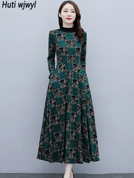 2023 Yeni Zarif Bodycon Parti Maxi Vestidos Sonbahar Kış Ekose Örme Kalın Sıcak Midi Elbise Kadınlar Kore Vintage rahat elbise