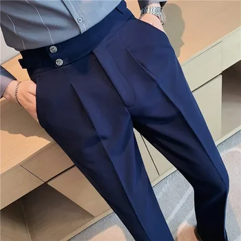 2023 Yüksek Kaliteli İş Rahat Dökümlü Yüksek bel Pantolon Erkekler Düz Renk Resmi Pantolon Erkek Resmi Ofis Sosyal Takım Elbise Pantolon
