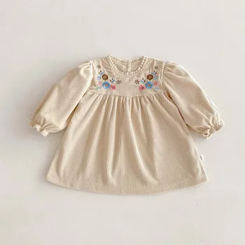 2024 İlkbahar Sonbahar Kıyafetler Kız Bebek Nakış Çiçek Pamuk Puf Kollu Prenses Elbise Çocuk Rahat Parti Kadife Elbiseler
