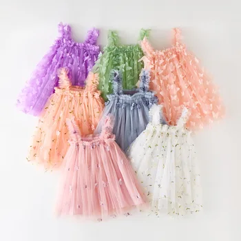 2024 Toddler Bebek Yaz Prenses Elbise Çocuk Örgü Dantel Tatlı Elbise Kelebek Kolsuz Elbise Pembe Küçük Kız Çocuk Giysileri