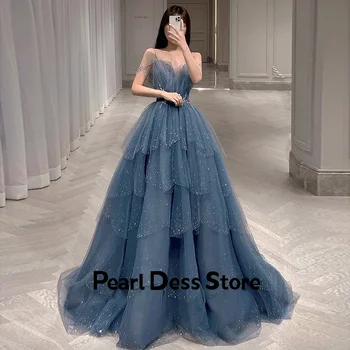 2024 Yeni Köpüklü Kristal Lüks Mavi kadın Akşam Elbise Düğün Parti İnce Omuz Askısı Uzun Resmi Elbise