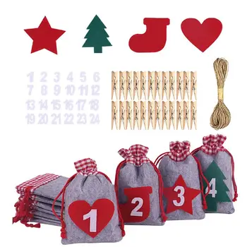 24 ADET Noel Advent Takvimi Çanta halat klipsleri Çıkartmalar Zarif Keçe / Keten İpli hediye çantası Şeker çanta
