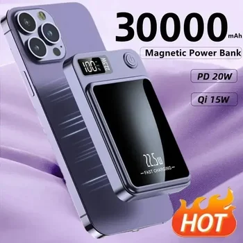 30000mAh Manyetik Macsafe Taşınabilir Güç Bankası Hızlı Kablosuz Şarj iphone 12 13 14 Pro Max Harici Yardımcı Pil Paketi