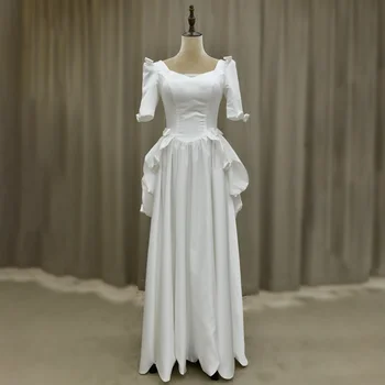 # 3153 GERÇEK FOTOĞRAFLAR FANWEİMEİ Vintage Katmanlı Yarım Kollu Tekne Boyun Saten Sütun Tarzı Kat Uzunluk düğün elbisesi gelinlikler