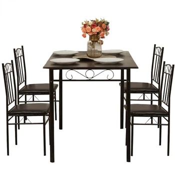 5 Parça Yemek Masası Seti Ahşap Metal Masa ve 4 PU Yastık Sandalyeler Mutfak Kahvaltı Mobilya, Siyah