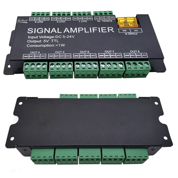 8 kanal piksel 5050 RGB LED şerit ışık amplifikatör DC5-24V giriş, 5 V TTL sinyal çıkışı, WS2811 WS2812B 1903 lamba bant tekrarlayıcı