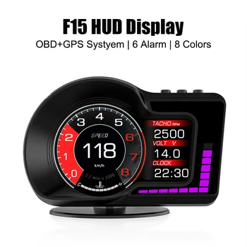 8 Renkler Araç Head Up Display RPM Ölçer 6 Alarm Fonksiyonları F15 Hızlandırılmış Testi Kilometre OBD GPS Çift Sistemi HUD