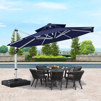 ABCCANOPY 10FT Konsol Veranda Şemsiye Çift Üst Yuvarlak Şemsiye Açık Ofset Şemsiye ile 360° Rotasyon, Lacivert