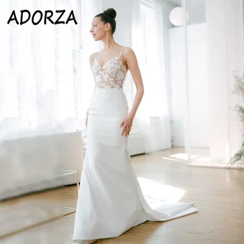 ADORZA düğün elbisesi V Yaka Zarif Illusion Dantel Aplikler gelin kıyafeti Aç Geri Mermaid Mahkemesi Tren Vestido De Noiva Gelin için