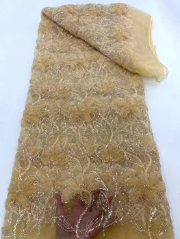 Afrika Damat Dantel Kumaş 2023 Yüksek Kaliteli Fransız 3D Çiçek Sequins Nakış Boncuk Net Dantel Kumaş Düğün Parti Elbiseler İçin
