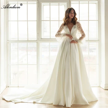 Alonlivn Zarif Saten Boncuk Payetli Fener Kollu A-Line düğün elbisesi Derin V Yaka V-Backless gelinlikler