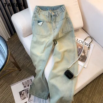 Amerikan Vintage Yüksek Bel Düz Kot Retro Pantolon kadın Casual Baggy Y2K Geniş Bacak Grunge Sokak Tarzı Denim Pantolon
