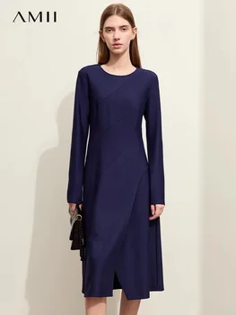 AMİİ Minimalist 2024 Bahar Yeni Elbiseler Kadınlar için Yuvarlak Boyun Patchwork Kadın Ofis Bayan İnce A-Line Örme Elbise 12421057