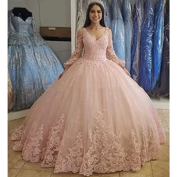 ANGELSBRIDEP Uzun Kollu Quinceanera Elbiseler 15 Parti Moda V Yaka Aplike Tül Prenses Külkedisi Doğum Günü Törenlerinde Sıcak Satış