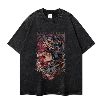 Anime 90s Vintage Yıkanmış T Shirt Titan Baskı Kısa Kollu Tee Gömlek Streetwear erkek Harajuku Manga Büyük Boy T-shirt
