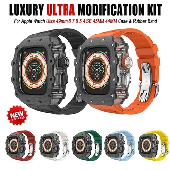Apple Watch Ultra2 için karbon Fiber Modifikasyon Kiti İwatch için 49mm Şeffaf Çerçeve Metal Kasa 9 8 7 6 5 44/45mm Kauçuk Kayış