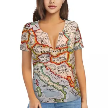 Avrupa Haritası T Shirt Vintage Baskı Y2K Modern Derin V Boyun T Shirt Kısa Kollu Casual Gömlek Yaz Grafik Giyim Büyük Boy