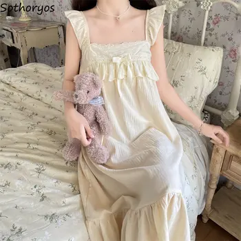 Baggy Nightgowns Kadınlar Yaz Prenses Chic Ruffles Tasarım Fransız Tarzı Katı Vintage Sevgiliye Kız Pijama Seksi Kolsuz