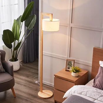 Basit Ahşap Modern İskandinav katı ahşap Apartman kapalı Zemin lambası kumaş gölge E27 Başucu lambası