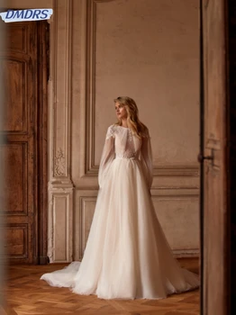 Basit O-boyun Uzun Kollu Gelin Elbise Sparkly Aplikler Sequins gelin kıyafeti Zarif A-line Uzun düğün elbisesi Robe De Mariée