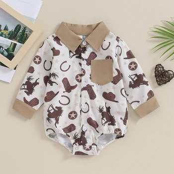 Batı Erkek Bebek Giysileri İnek Baskı Düğme Aşağı Gömlek Yaka Romper Bodysuit Güz Kıyafet 0-18M