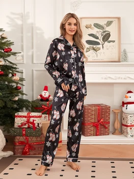 Bayan 2 Parça Pijama Setleri Noel Klasik Uzun Saten İpek Salonu Seti Pj Seti Kısa Kollu Üst Pantolon Pijama