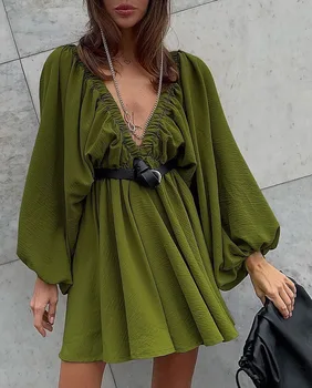 Bayan Elbiseler 2023 Yaz Moda Puf Kollu Düz Renk Rahat V Yaka Uzun Kollu Günlük Büyük Hem Mini evaze elbise