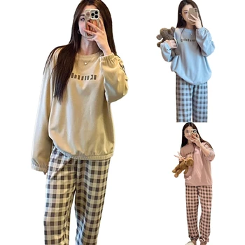 Bayan Pijama Setleri Kareli Uzun Kollu Yuvarlak Boyun Üst ve Pantolon Loungewear Rahat Gevşek Katı Pijama Hediyeler