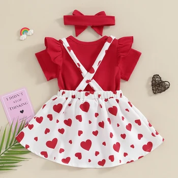 Bebek Bebek Kız Sevgililer Günü Kıyafet Kısa Kollu Romper Kalp Ayı Askı Etek Bandı yaz giysileri Seti